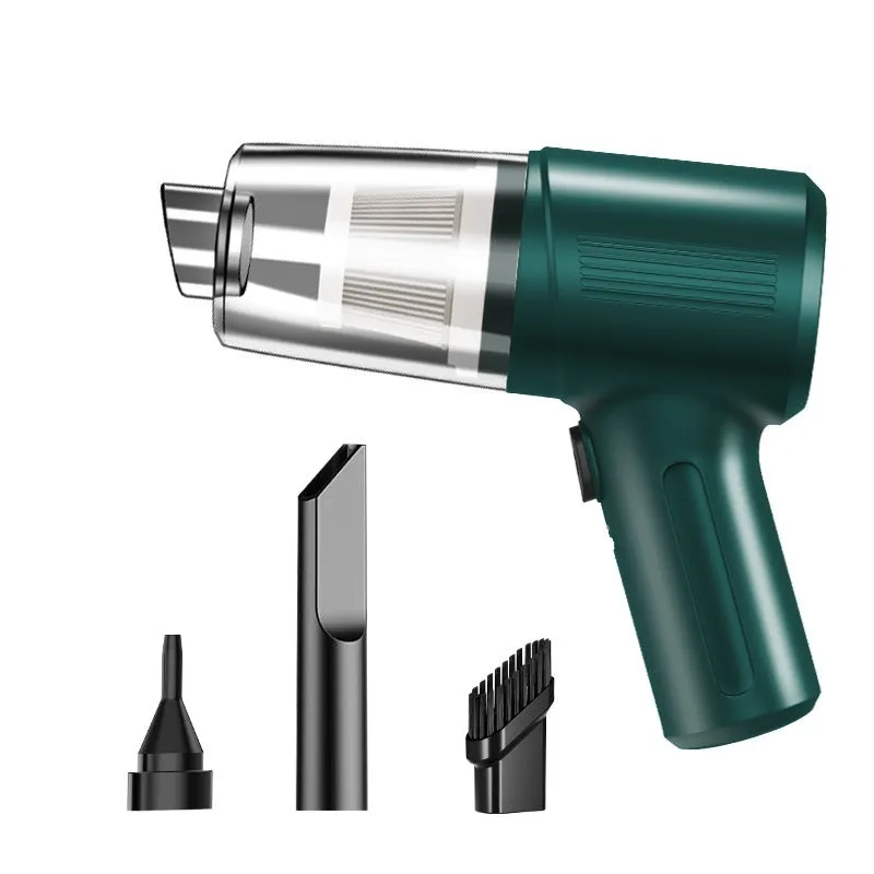 Black portable rechargeable car vacuum cleaner with suction nozzle and blowing nozzle on grey background
