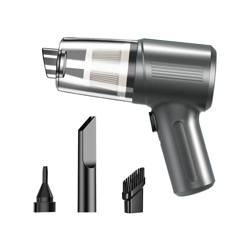 Black portable rechargeable car vacuum cleaner with suction nozzle and blowing nozzle on grey background