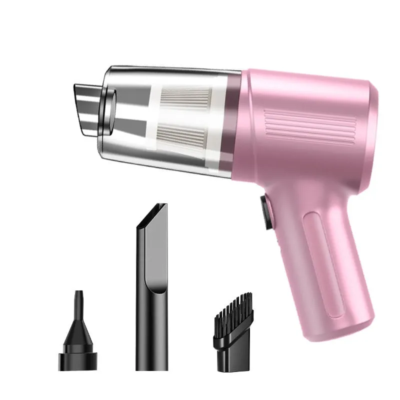Black portable rechargeable car vacuum cleaner with suction nozzle and blowing nozzle on grey background
