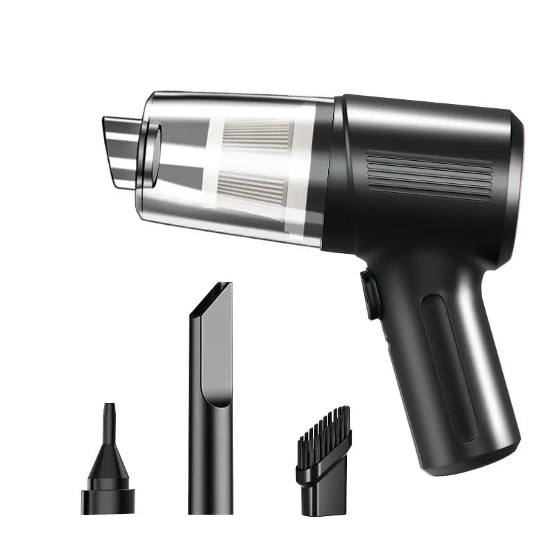 Black portable rechargeable car vacuum cleaner with suction nozzle and blowing nozzle on grey background