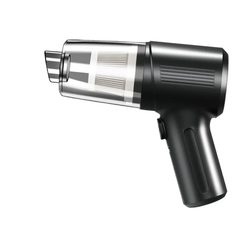 Black portable rechargeable car vacuum cleaner with suction nozzle and blowing nozzle on grey background