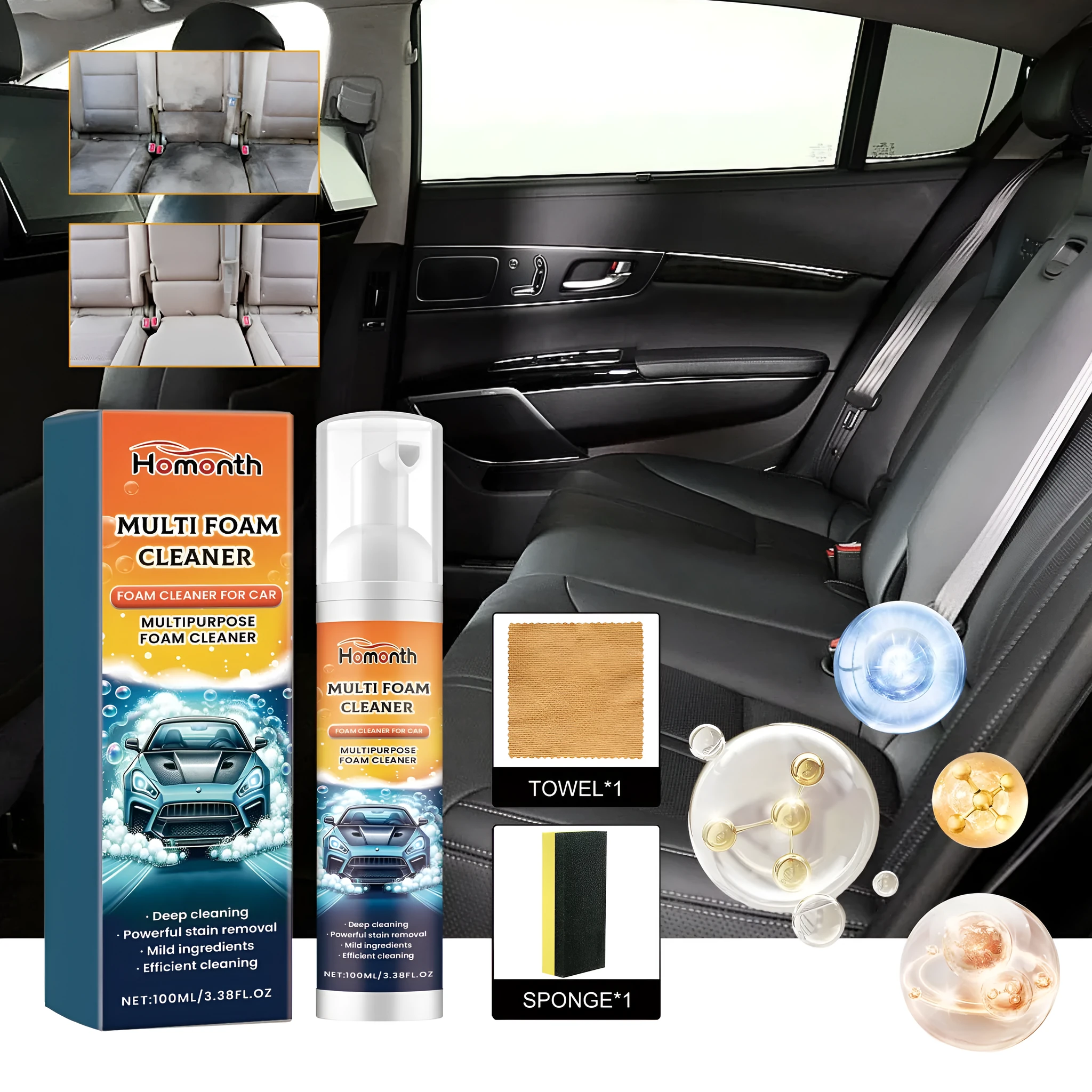 Car multifunction foamed cleaner 100ml set with bottle, sponge, and towel for auto cleaning
