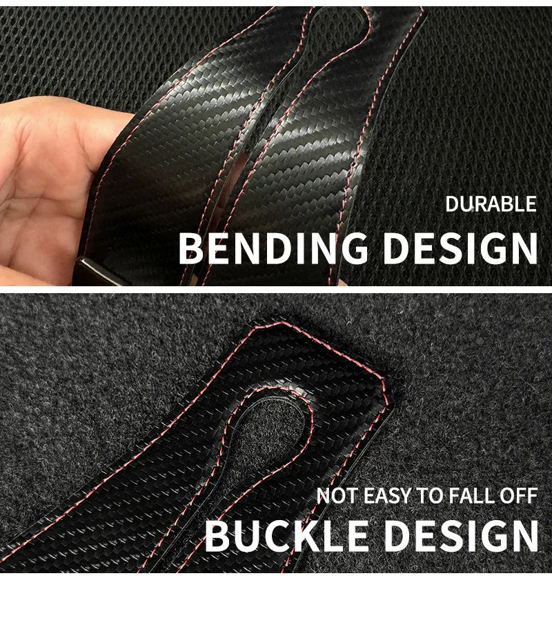 Black carbon fibre metal car hook clipped to headrest with 25kg load capacity
