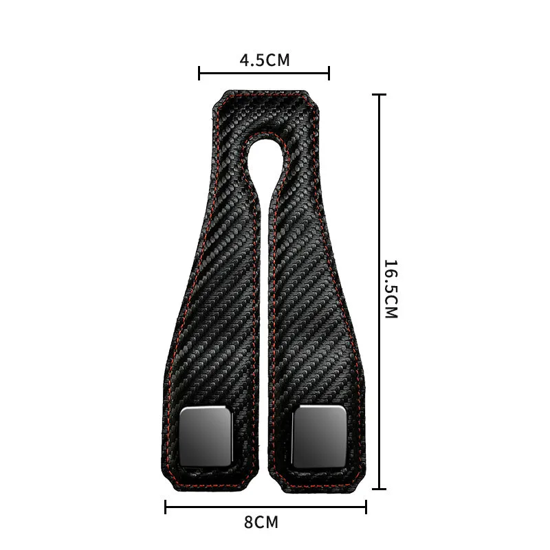 Black carbon fibre metal car hook clipped to headrest with 25kg load capacity