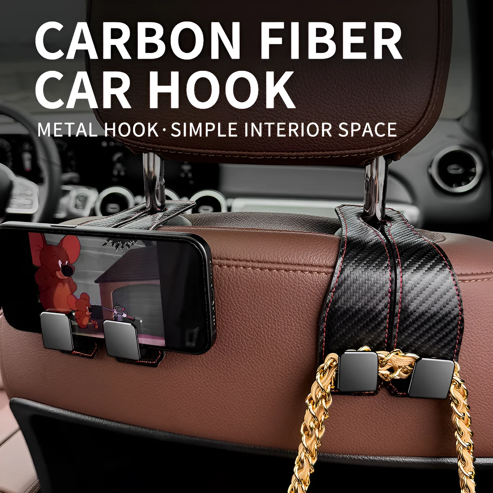 Black carbon fibre metal car hook clipped to headrest with 25kg load capacity