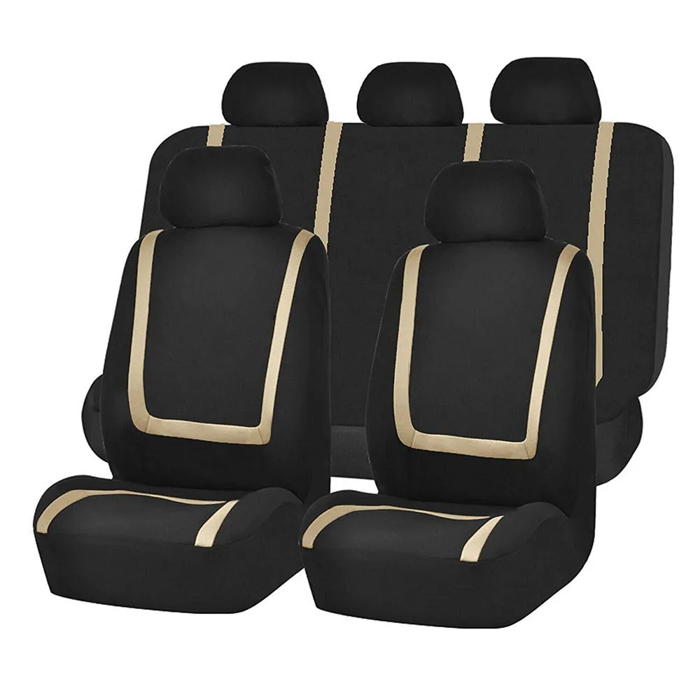 Universal car seat cover set showing fully enclosed design with separate headrest covers in two-tone colour option