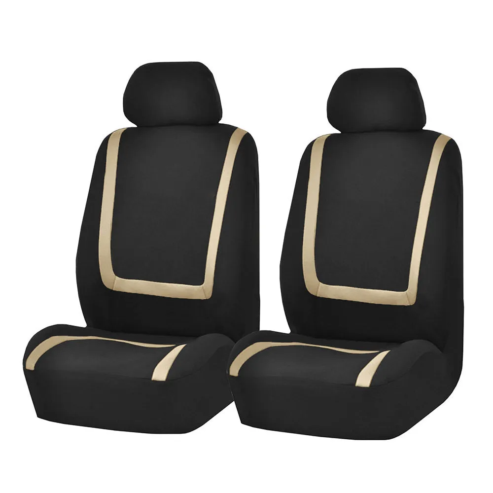 Universal car seat cover set showing fully enclosed design with separate headrest covers in two-tone colour option