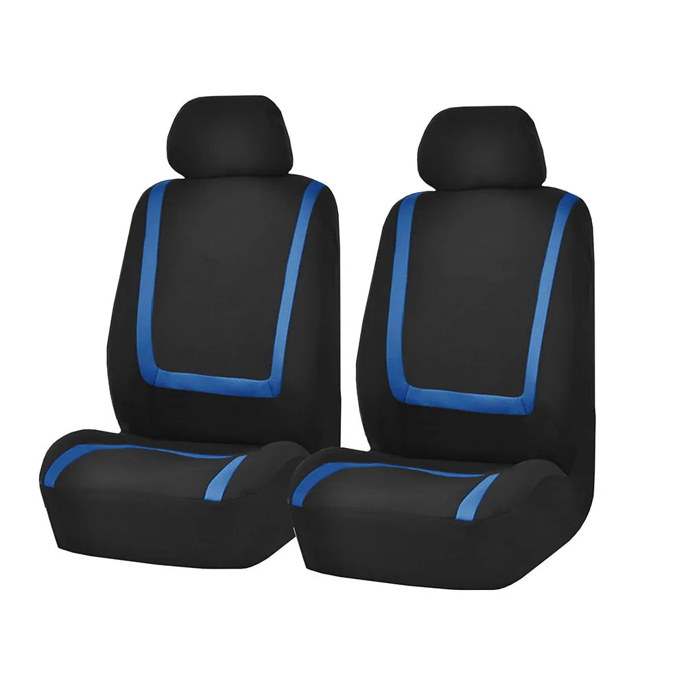 Universal car seat cover set showing fully enclosed design with separate headrest covers in two-tone colour option