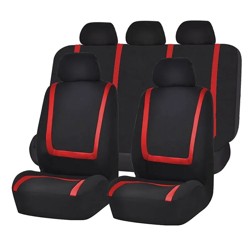 Universal car seat cover set showing fully enclosed design with separate headrest covers in two-tone colour option