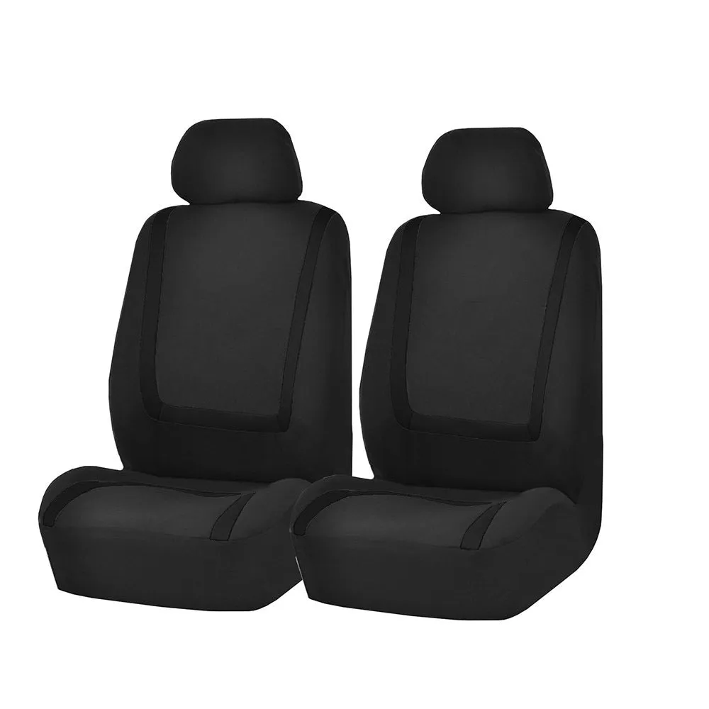 Universal car seat cover set showing fully enclosed design with separate headrest covers in two-tone colour option
