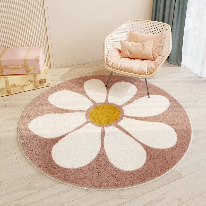 Round polyester fibre floor mat with cute cartoon animal print, non-slip backing, 60-200cm diameter