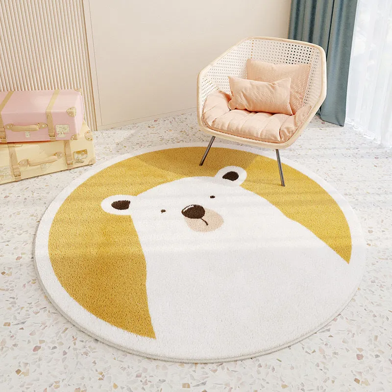 Round polyester fibre floor mat with cute cartoon animal print, non-slip backing, 60-200cm diameter