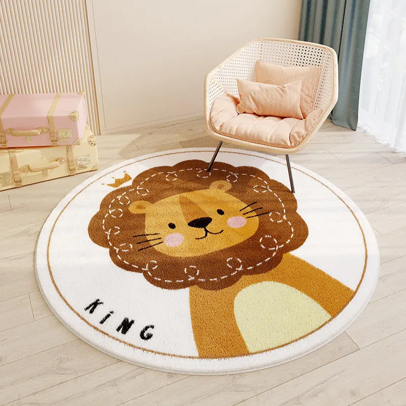 Round polyester fibre floor mat with cute cartoon animal print, non-slip backing, 60-200cm diameter