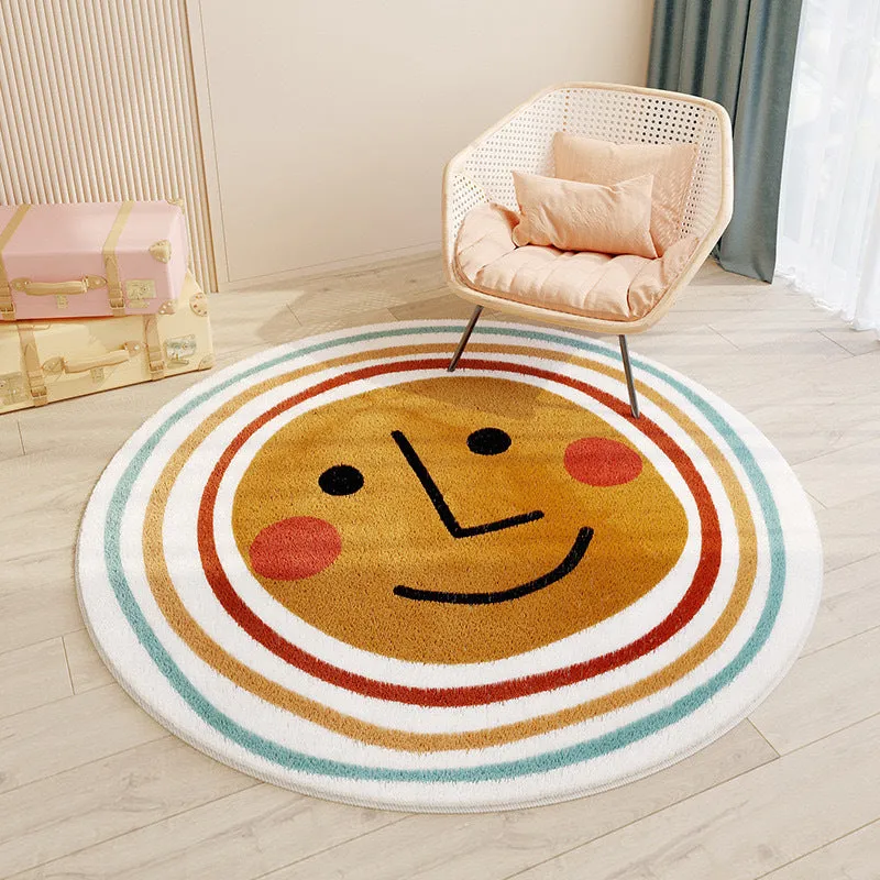 Round polyester fibre floor mat with cute cartoon animal print, non-slip backing, 60-200cm diameter