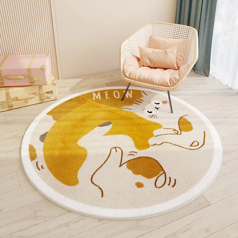 Round polyester fibre floor mat with cute cartoon animal print, non-slip backing, 60-200cm diameter