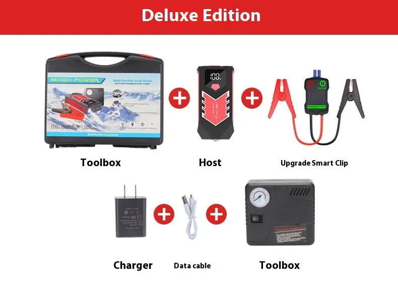 8000mAh automobile emergency start power source with smart clips and charging kit in toolbox