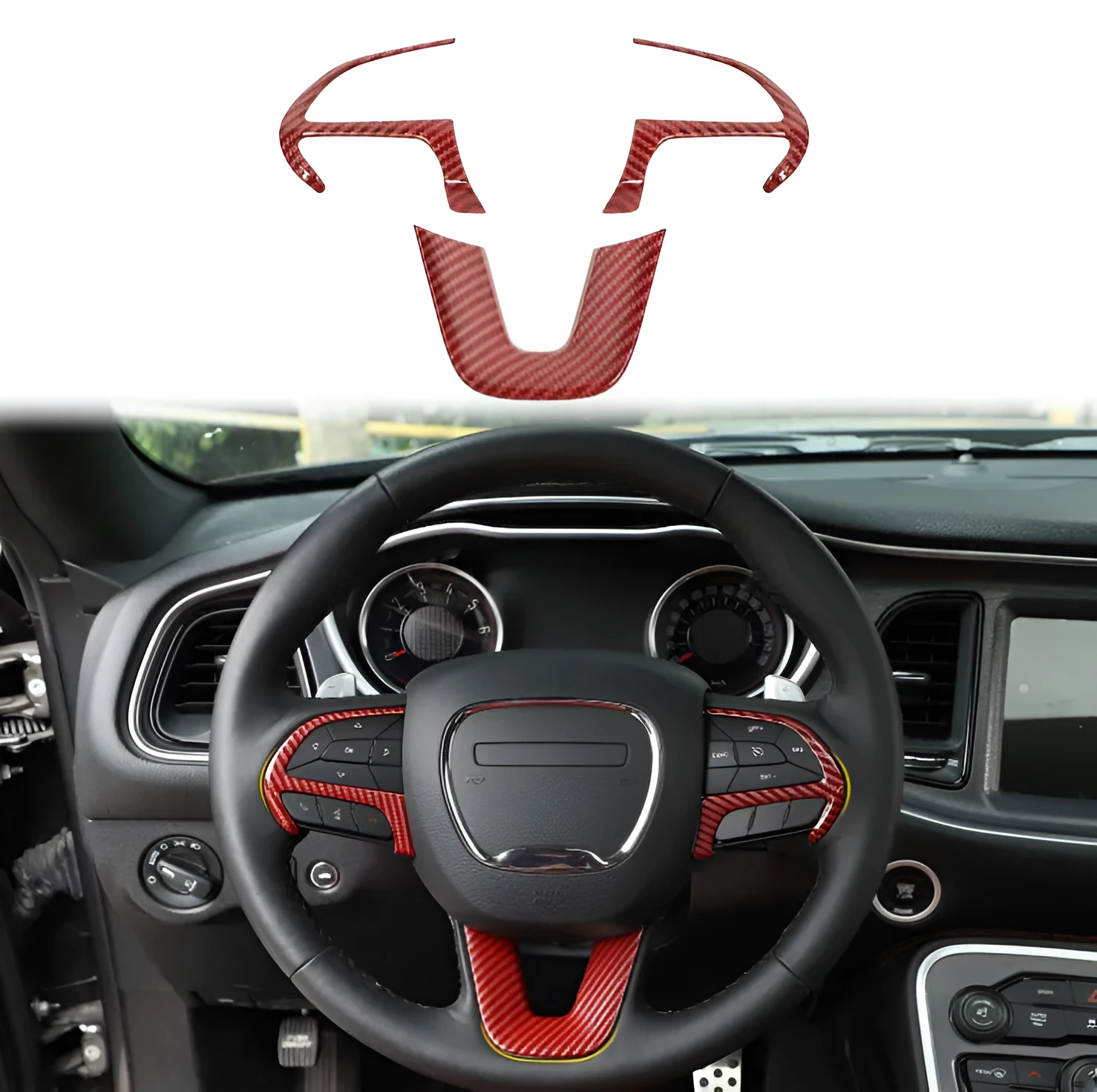 Three-piece hollow sequin steering wheel decoration ring for Dodge Challenger 2015-2022 in carbon fiber finish