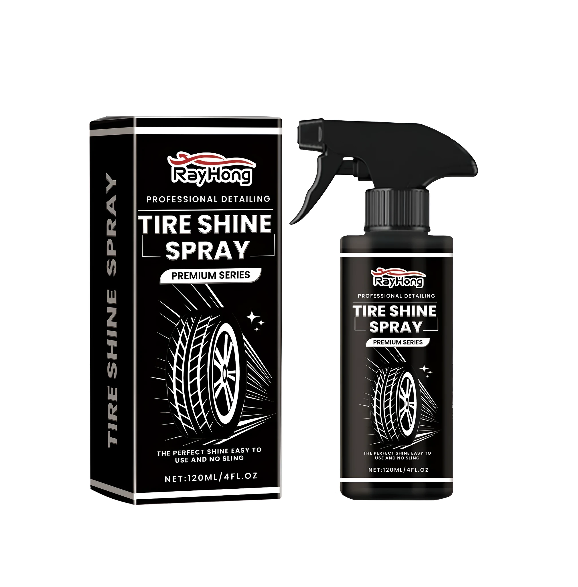 Tire shine spray 120ml bottle with carnauba wax, size 4.5x17.5cm, on a black tyre