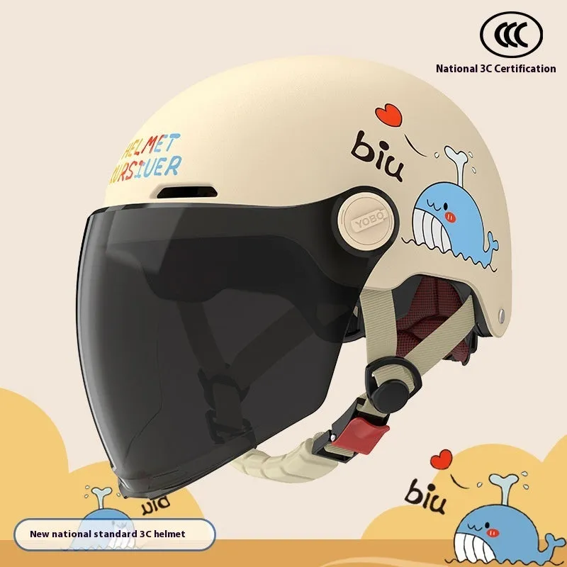 Children's blue ABS breathable helmet with mirror visor for electric bike commuting
