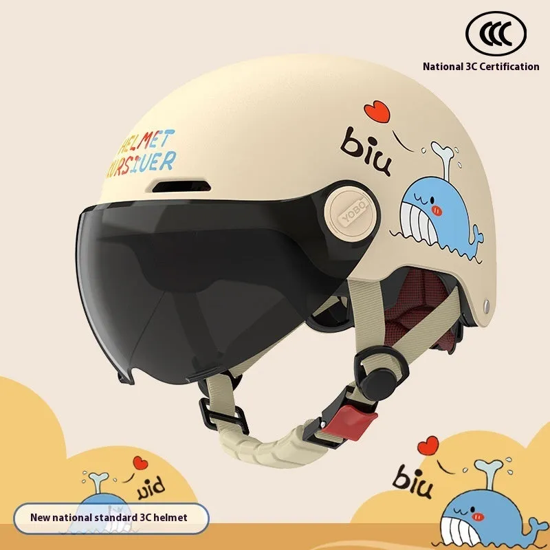 Children's blue ABS breathable helmet with mirror visor for electric bike commuting