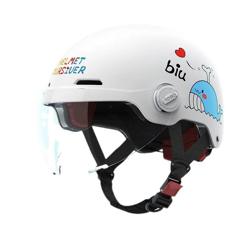 Children's blue ABS breathable helmet with mirror visor for electric bike commuting