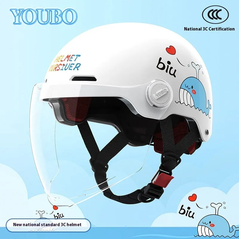 Children's blue ABS breathable helmet with mirror visor for electric bike commuting