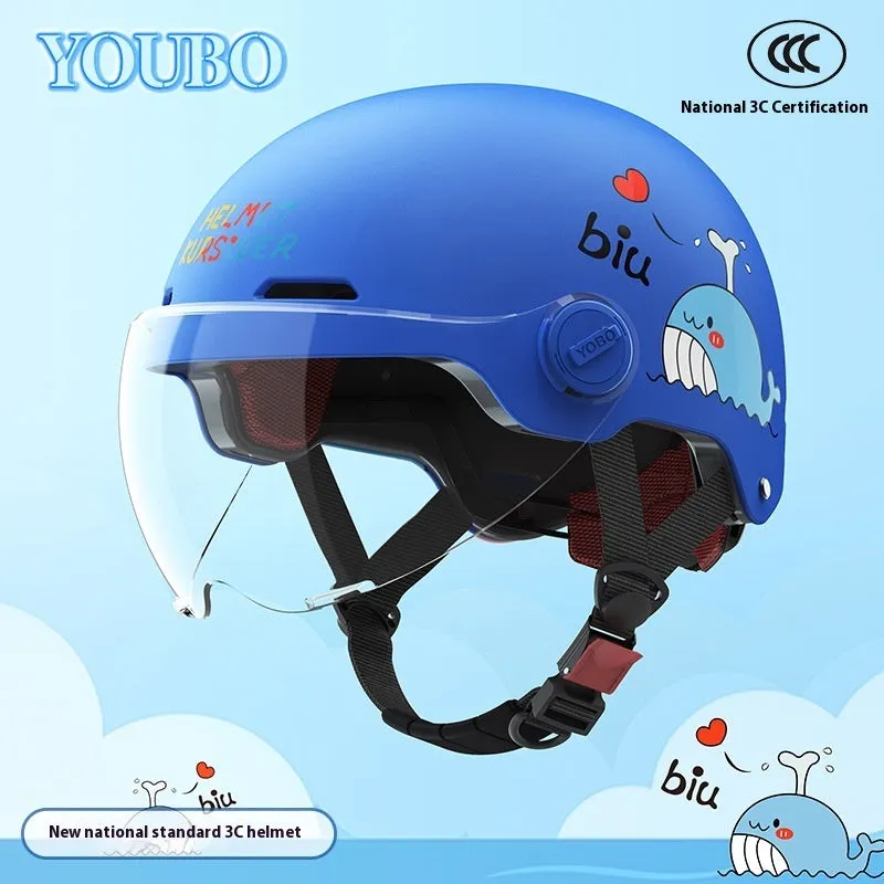 Children's blue ABS breathable helmet with mirror visor for electric bike commuting
