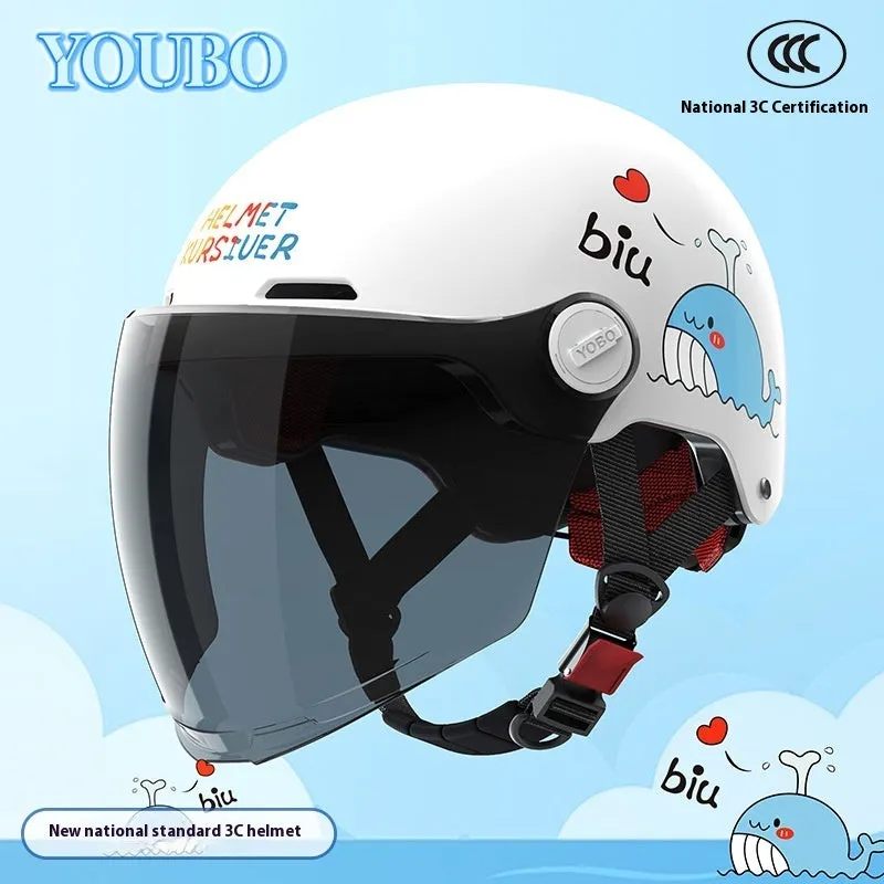 Children's blue ABS breathable helmet with mirror visor for electric bike commuting