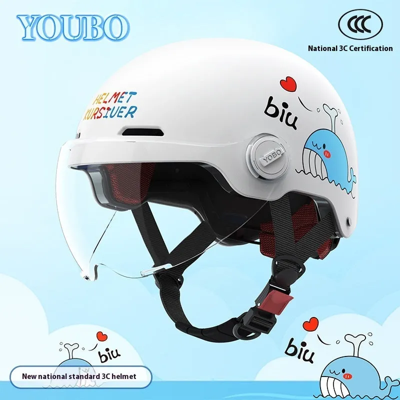 Children's blue ABS breathable helmet with mirror visor for electric bike commuting