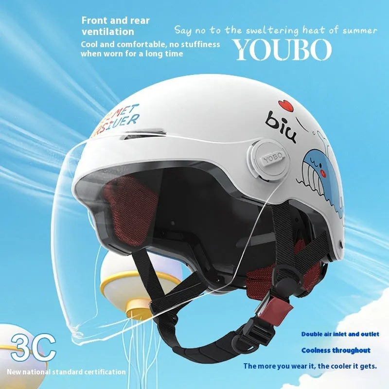 Children's blue ABS breathable helmet with mirror visor for electric bike commuting
