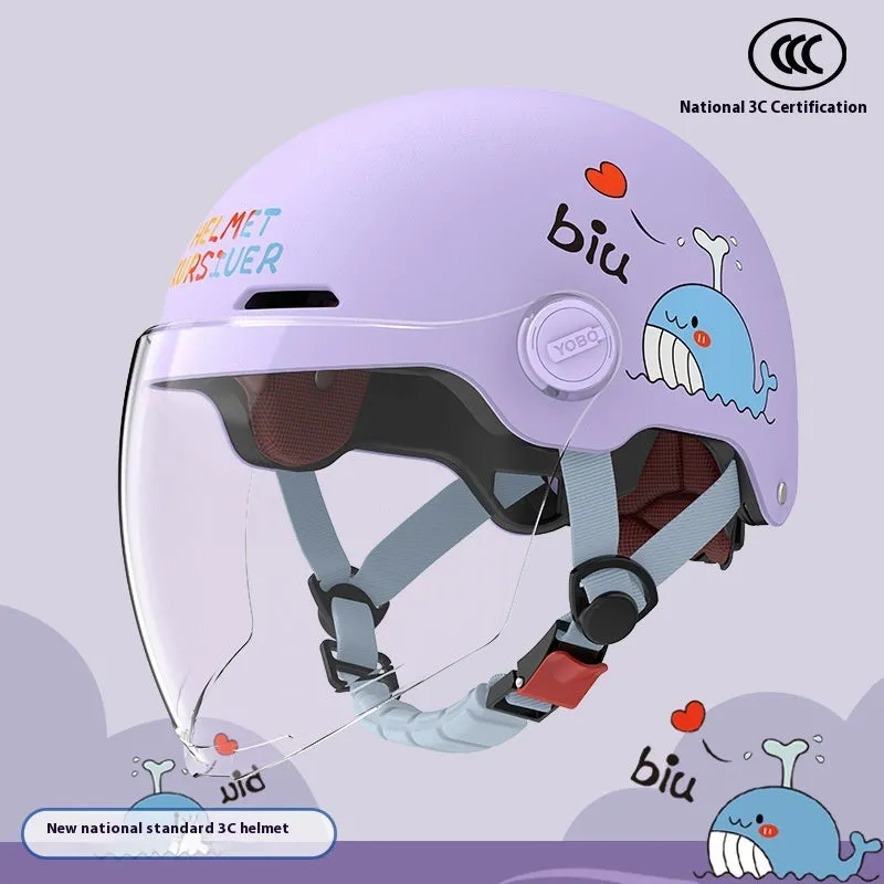 Children's blue ABS breathable helmet with mirror visor for electric bike commuting