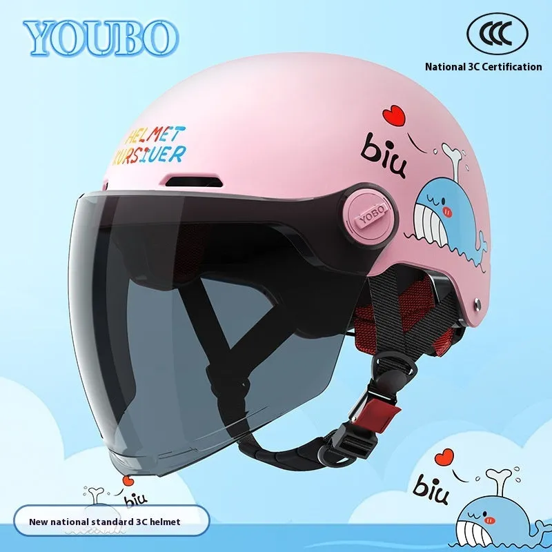 Children's blue ABS breathable helmet with mirror visor for electric bike commuting