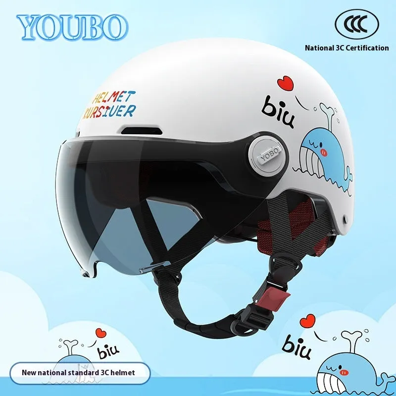 Children's blue ABS breathable helmet with mirror visor for electric bike commuting