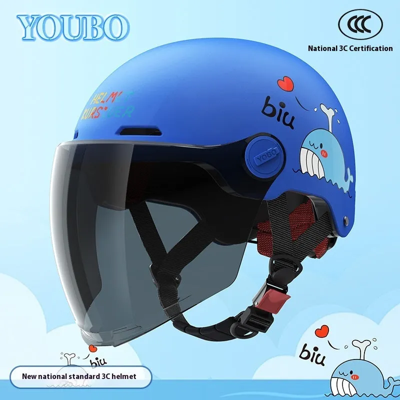 Children's blue ABS breathable helmet with mirror visor for electric bike commuting
