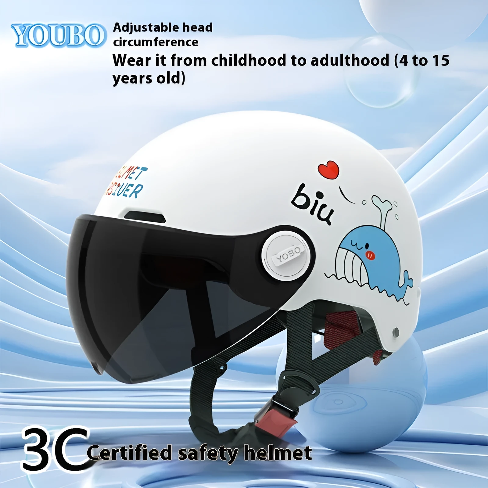 Children's blue ABS breathable helmet with mirror visor for electric bike commuting