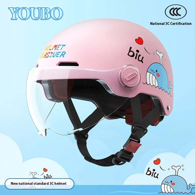 Children's blue ABS breathable helmet with mirror visor for electric bike commuting
