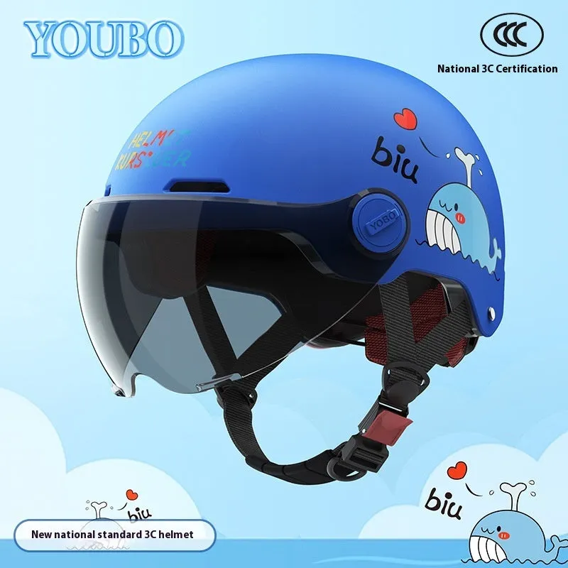 Children's blue ABS breathable helmet with mirror visor for electric bike commuting