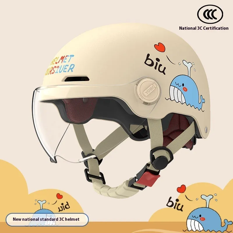 Children's blue ABS breathable helmet with mirror visor for electric bike commuting