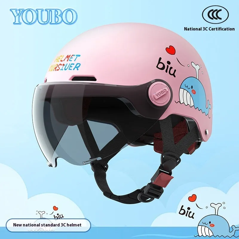 Children's blue ABS breathable helmet with mirror visor for electric bike commuting