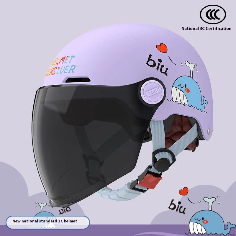 Children's blue ABS breathable helmet with mirror visor for electric bike commuting