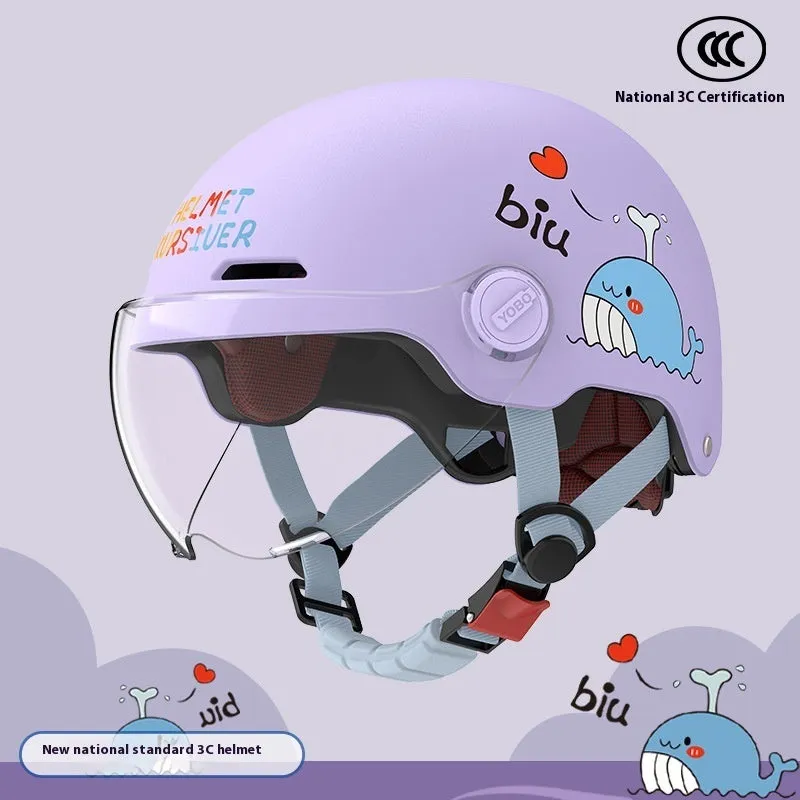 Children's blue ABS breathable helmet with mirror visor for electric bike commuting