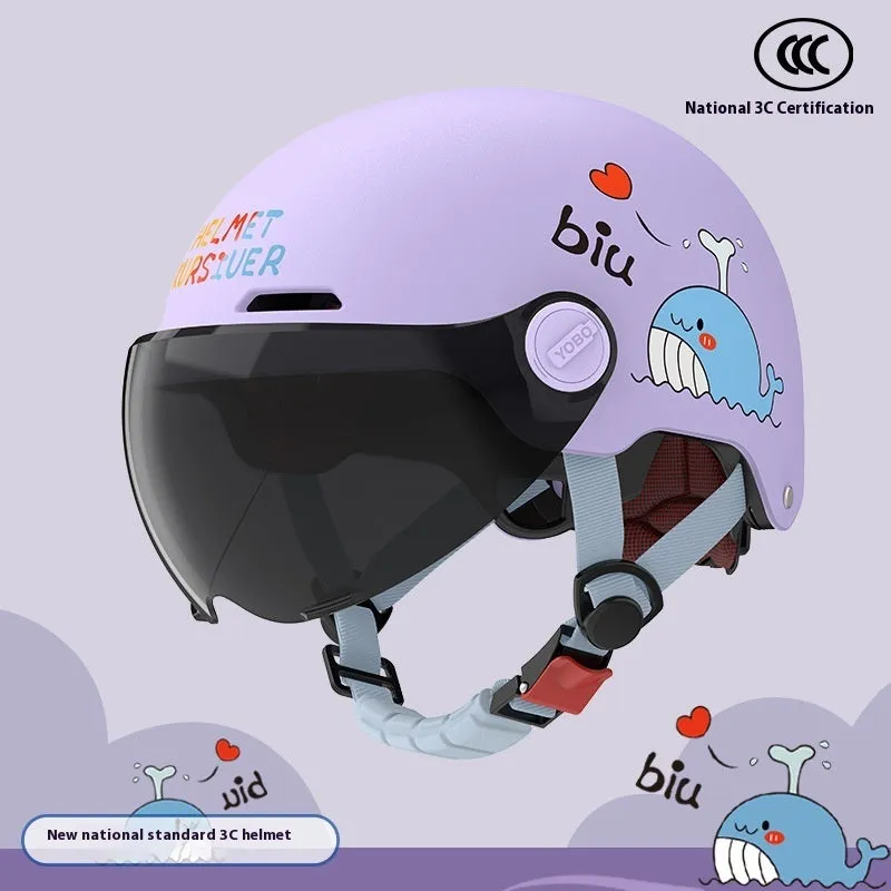 Children's blue ABS breathable helmet with mirror visor for electric bike commuting