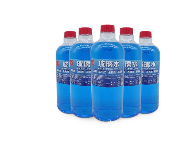 Blue windshield washer fluid in 1.8L bottle with car wiper application