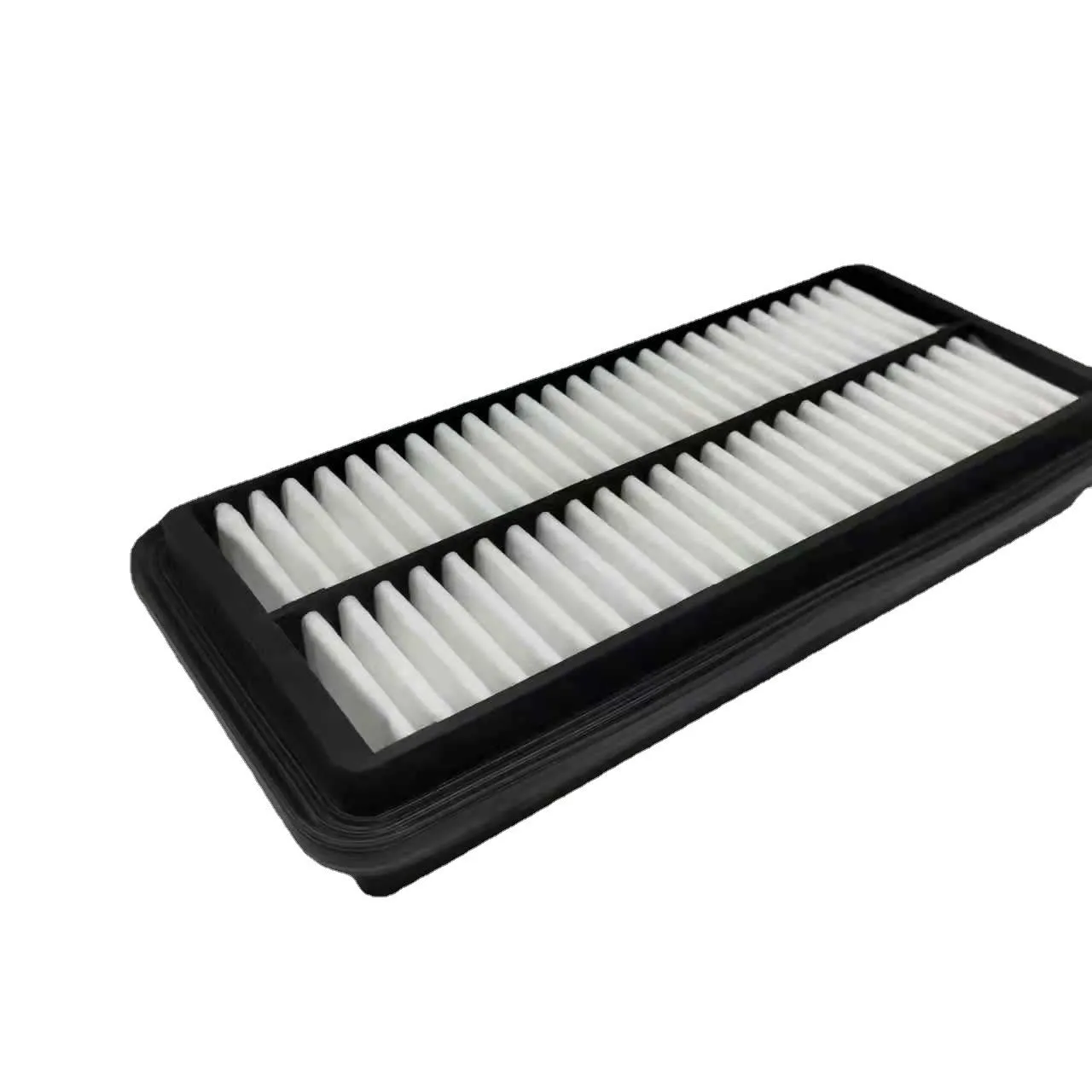 Black rectangular car air filter measuring 256mm by 113mm by 40mm.