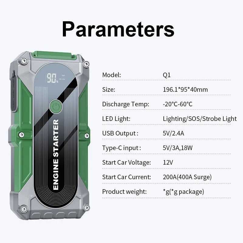 Q1 portable car jump starter with digital display and ordinary clip jumper in storage bag