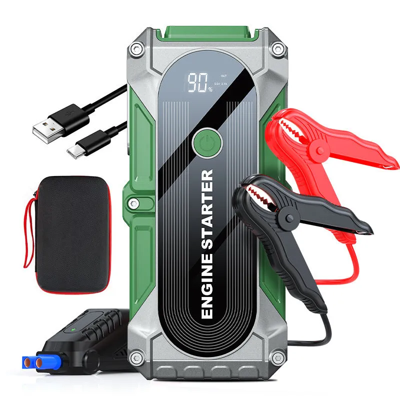 Q1 portable car jump starter with digital display and ordinary clip jumper in storage bag