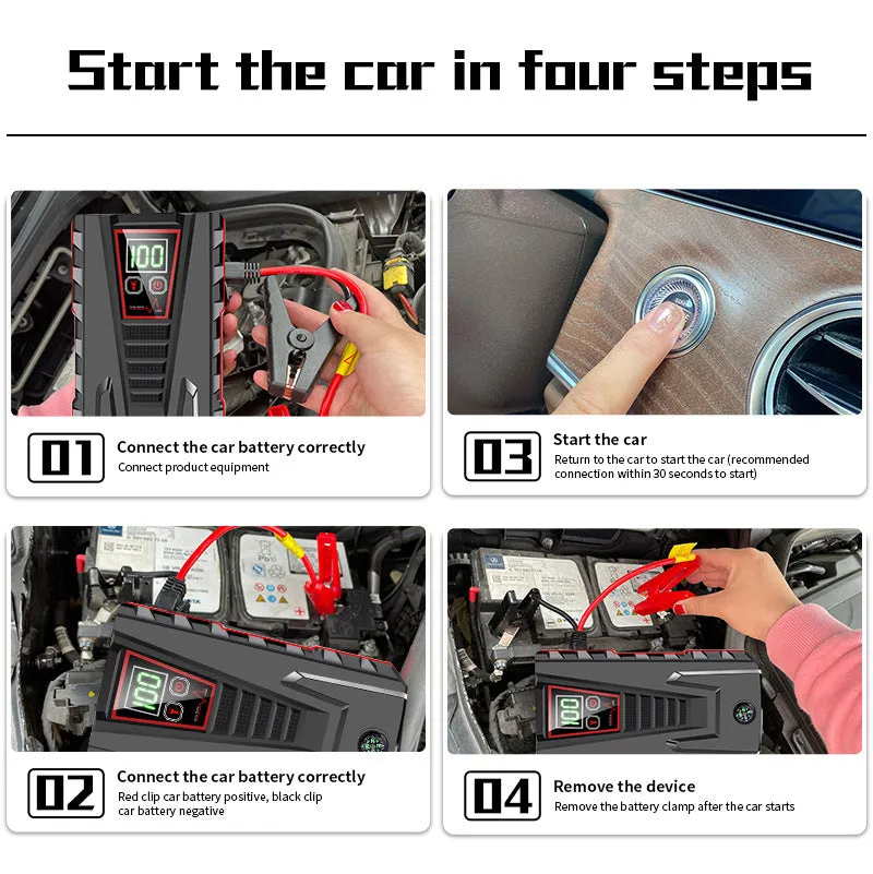 Black toolbox-style emergency jump starter with LCD display and battery clamp