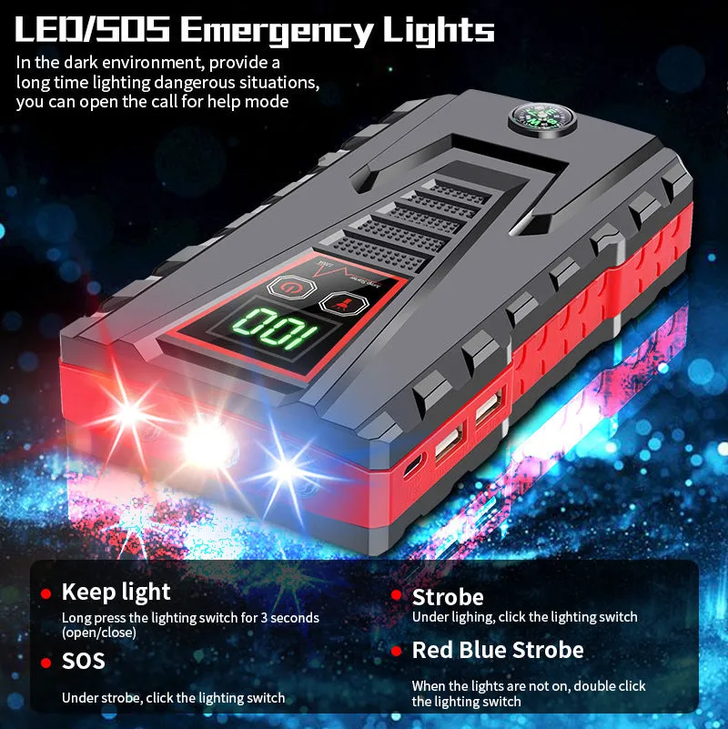 Black toolbox-style emergency jump starter with LCD display and battery clamp