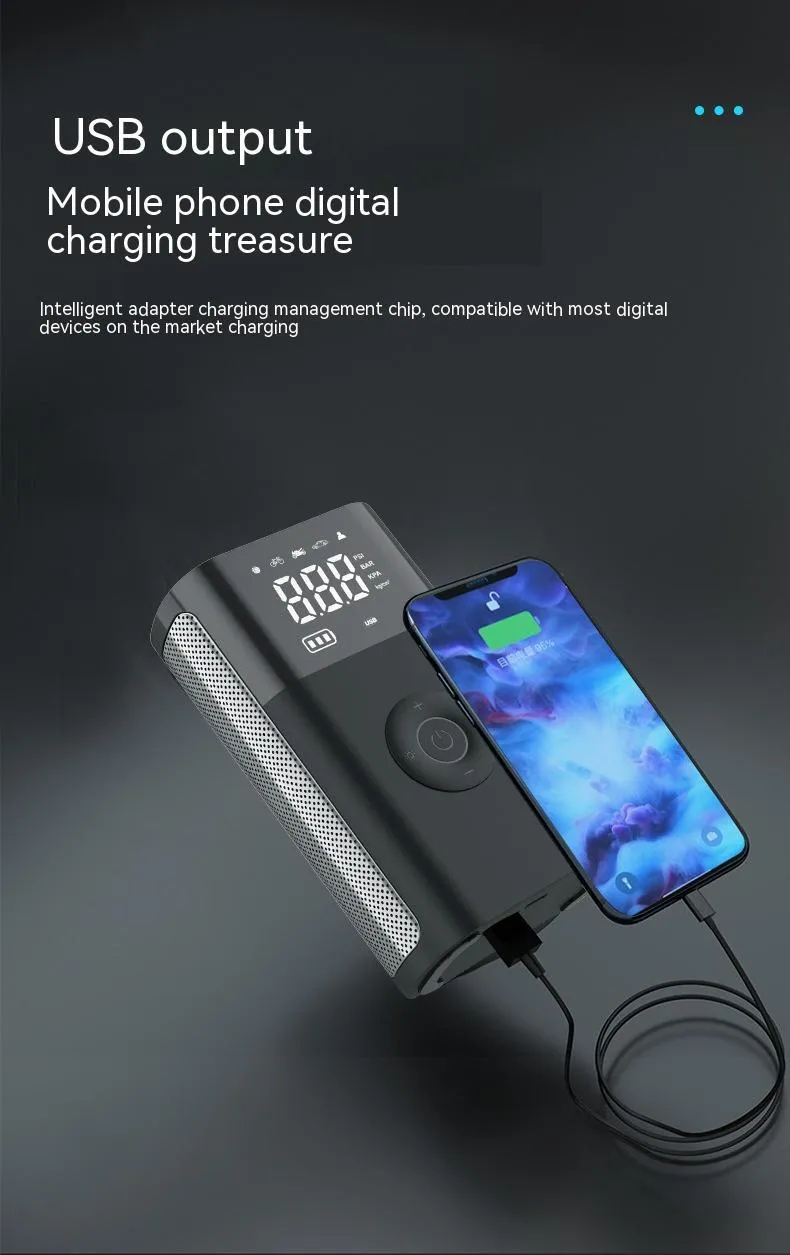 Black handheld wireless digital tyre inflator with LCD screen, LED light and multiple nozzle attachments on a table.
