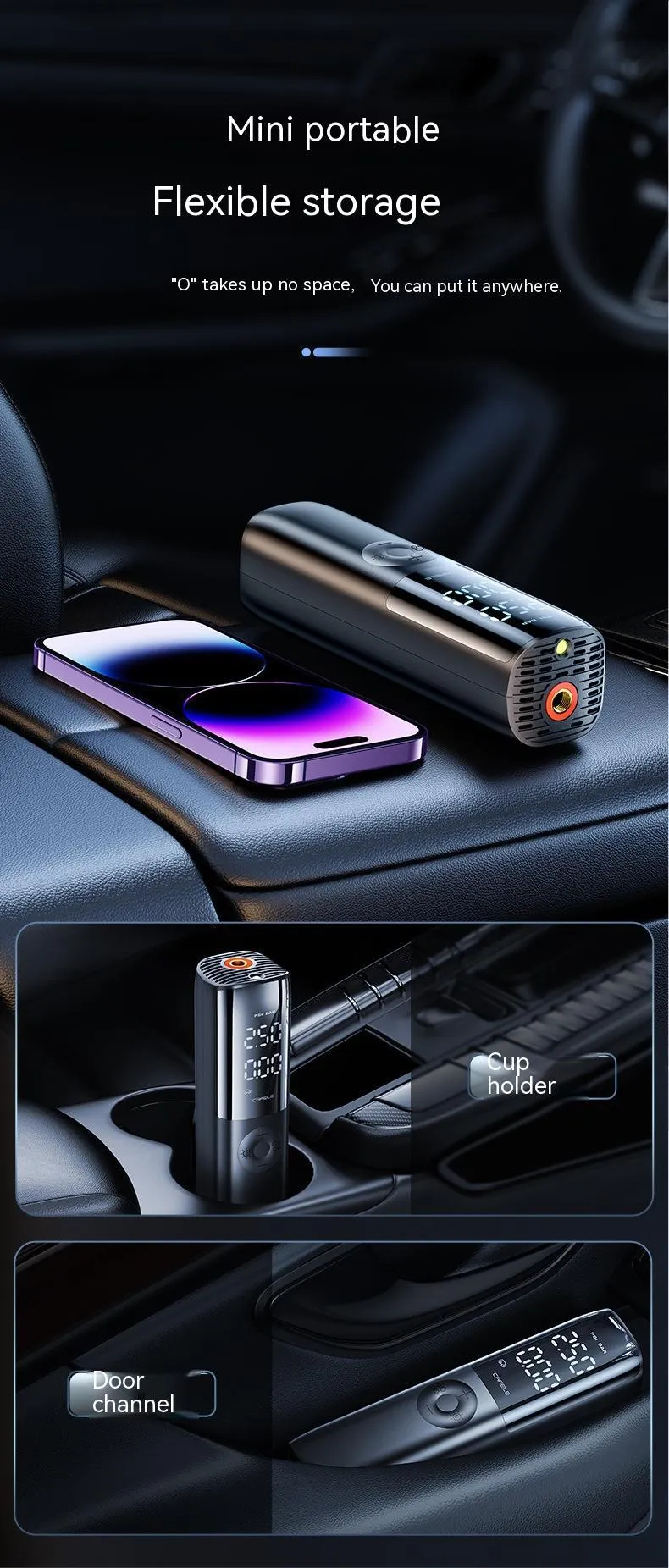 Black portable electric car air pump with tyre pressure gauge and plug